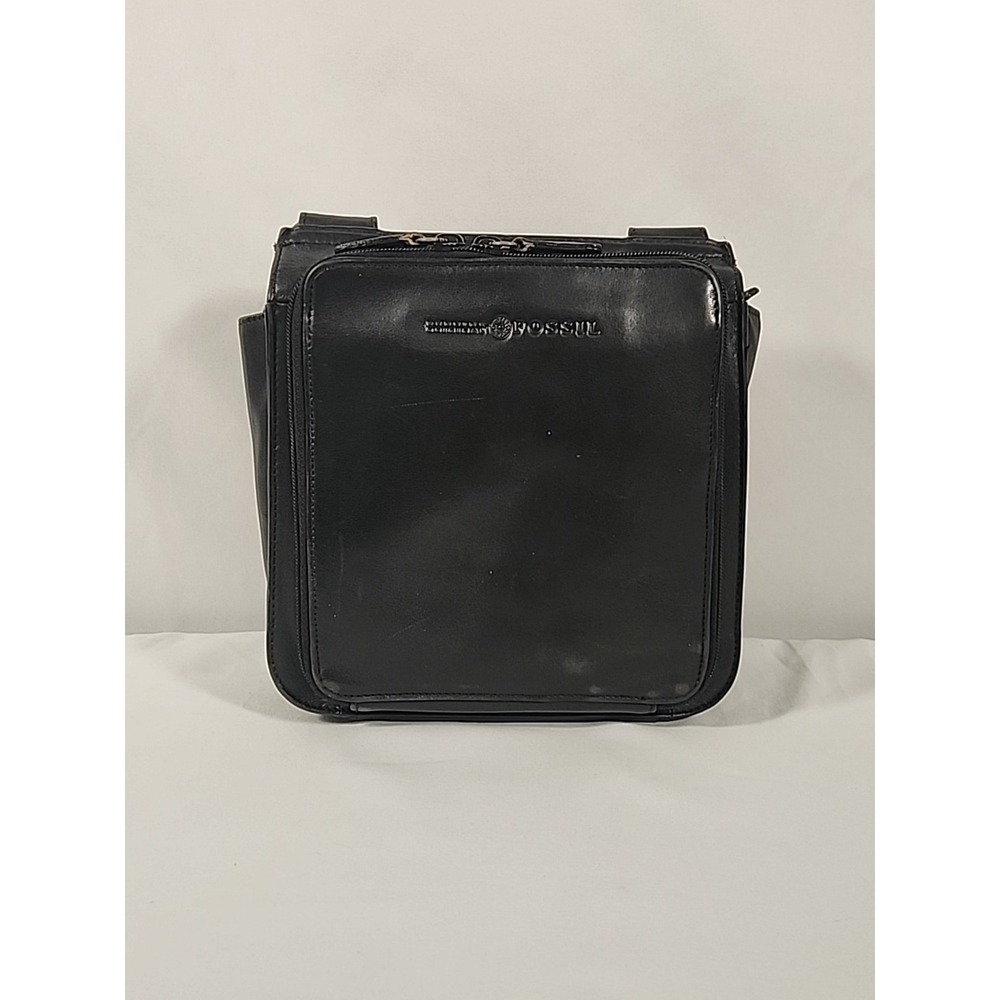Fossil Black Leather Crossbody Bag Messenger Multi Pocket Purse Travel Organizer